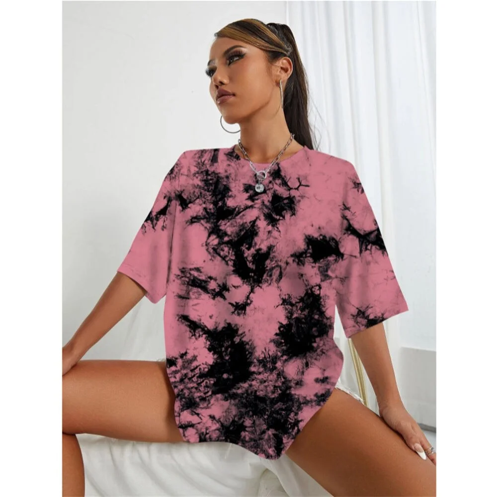 Summer Women's T-Shirt Fashion Tie-Dye Print Short Sleeve Tops Street Fashion Dress O-Neck Outdoor Casual Loose Women's Clothing