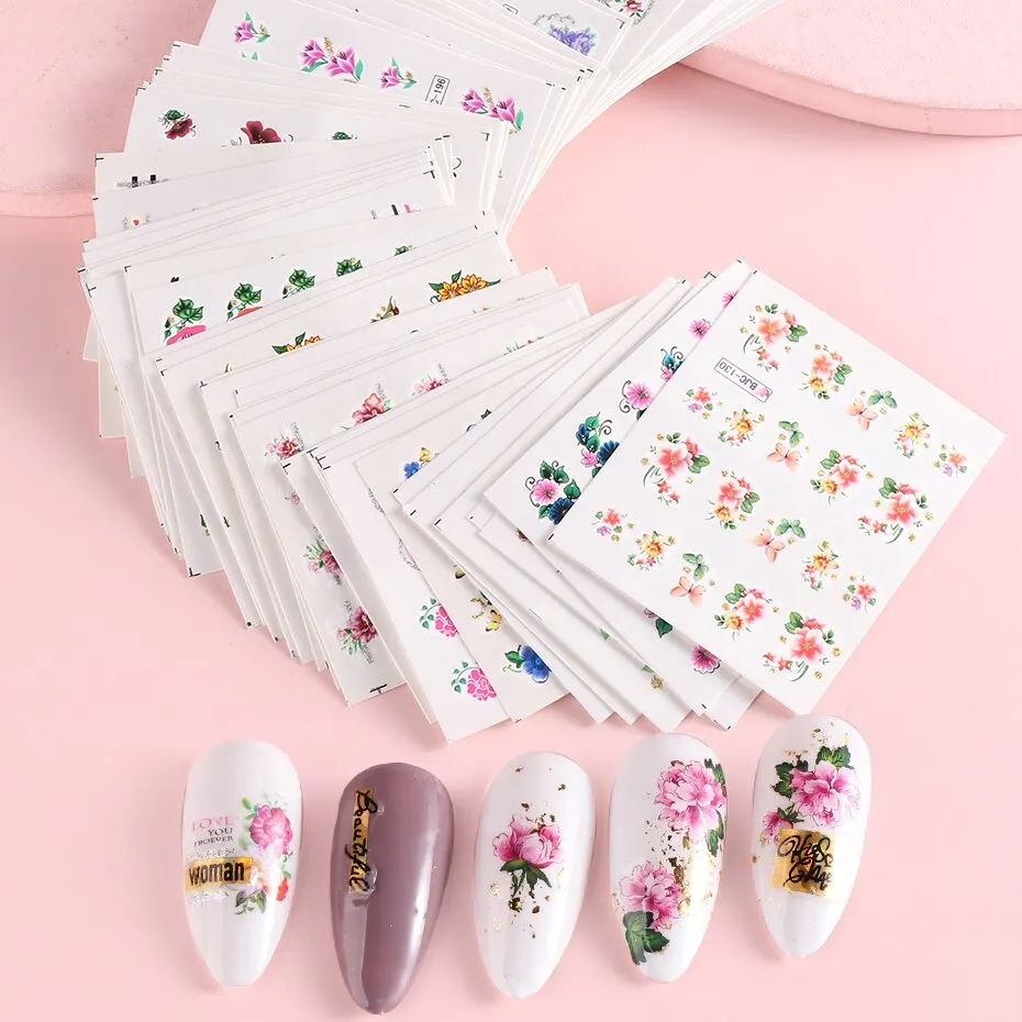 55pcs Flowers Lace Water Nail Stickers Set Glitter Charms Floral Nail Art Transfer Decals Slider Tattoo for Manicure Decorations