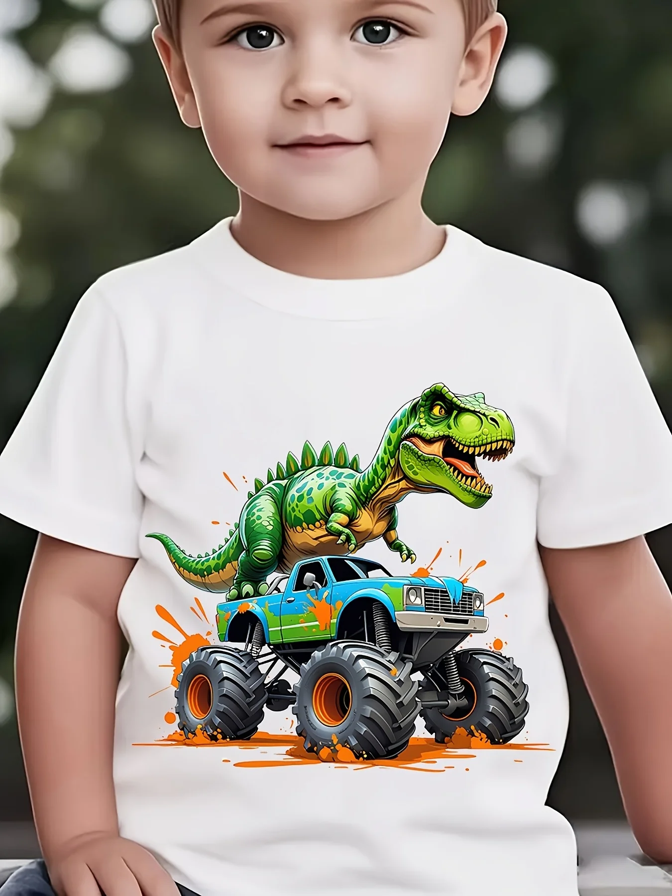 Green T Rex Dinosaur Monster Truck Splash Print Family Matching Cotton Tees Short Sleeve Tops For Mom Dad Boys Girls Daily Wear