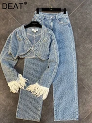 DEAT 2024 Autumn New Arrivals Long Tassel Sleeve Single Button Denim Short Jackethigh Waist Full Jeans Two Piece Set Women MK359