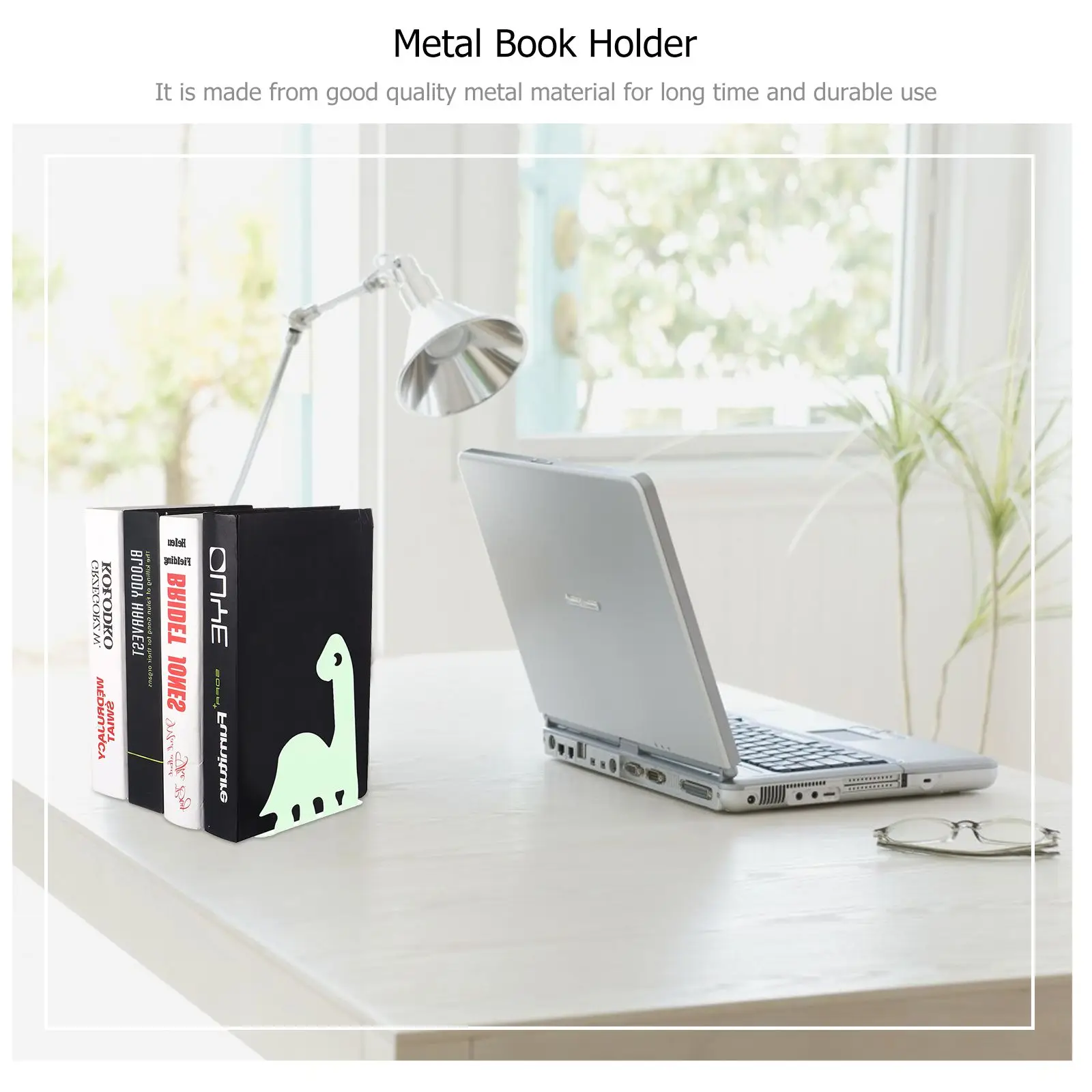 Dinosaur Book End Metal Storage Rack Green Desktop Stands Child Room Decor Smooth Premium Material Protect Scratch Tidy