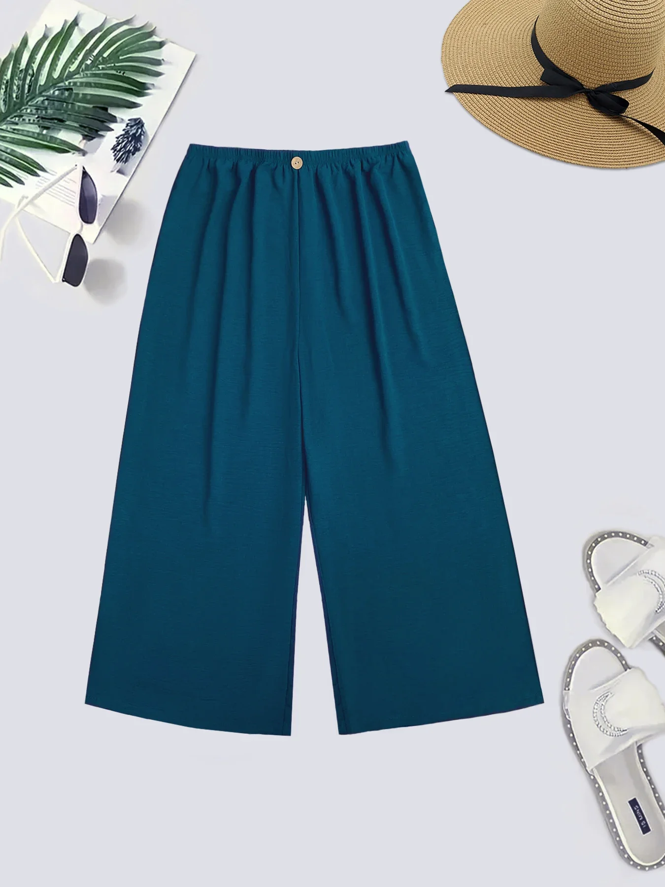 

Женские свободные широкие брюки в однотонном элегантном стиле с декоративными деревянными пуговицами, Модные Повседневные Удобные брюки