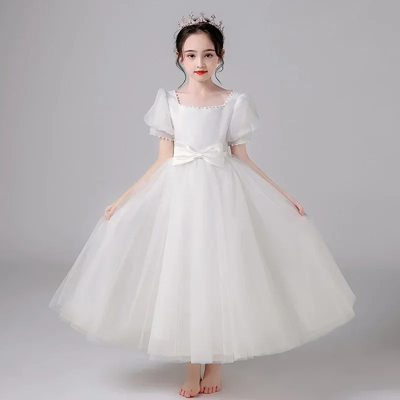 

2024 Spring New Flower Girl Dress White Host Fluffy Yarn Walking Show Girl Trendy Performance Dress