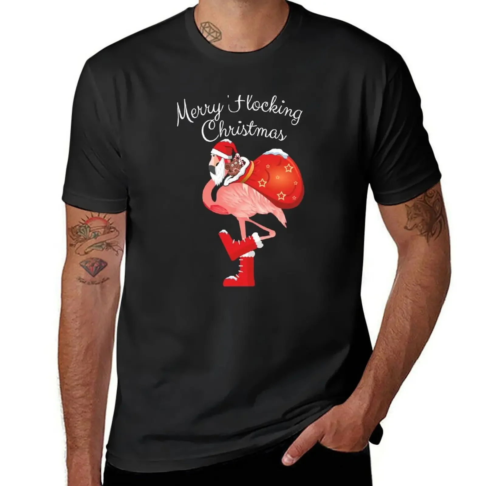 Camiseta de algodón para hombre, camisa con frase de Papá Noel, flamenco, feliz flocado, Humor de Navidad, pájaro rosa con bolsa de regalos, en blanco, sublime