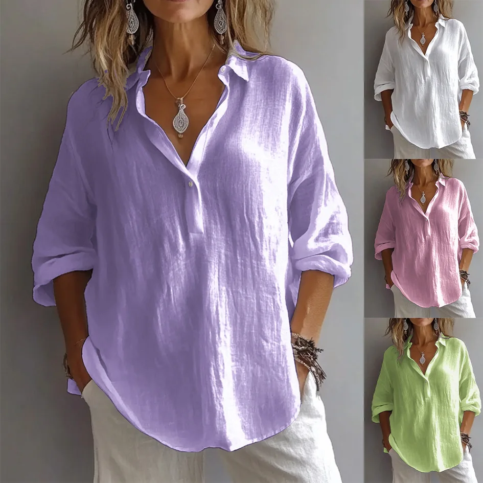 

2025 Spring/Summer Solid Color Casual Loose Long Sleeve Linen V-Neck Shirt