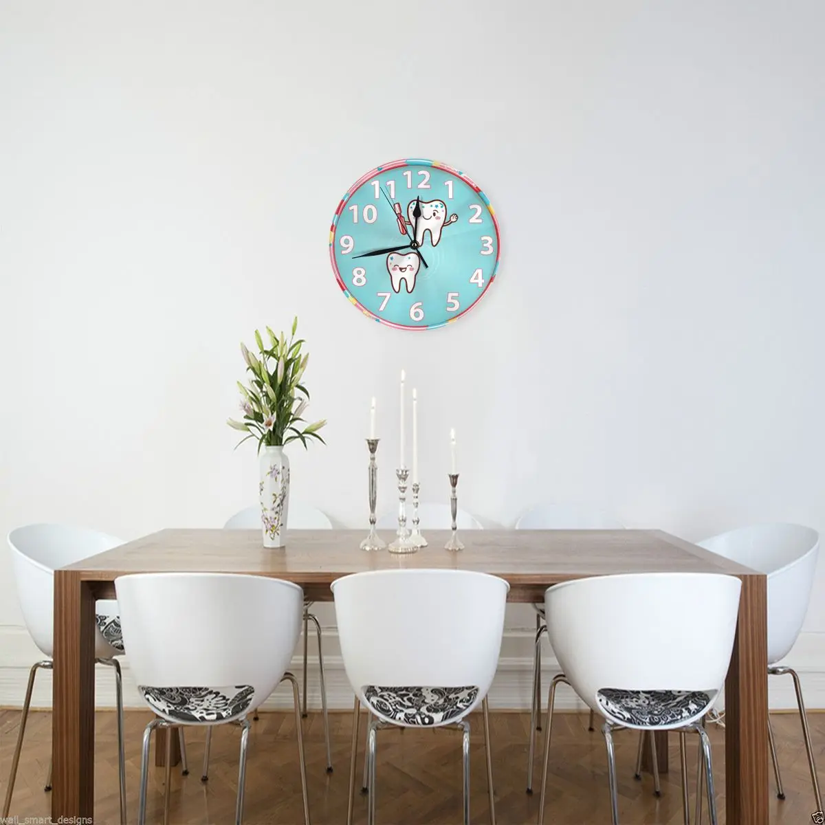 Cute Tooth and Toothbrush Wall Clock Pointer Print PVC Gift, Office, Clinic, Dental Decor for Bathroom Office