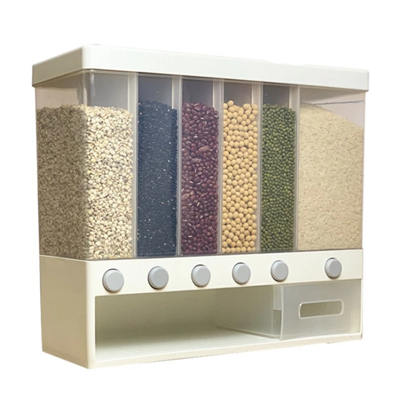 New 10KG Wall Mounted Divided Rice And Cereal Dispenser 6 Moisture Proof Plastic Automatic Racks Sealed Food Storage Box