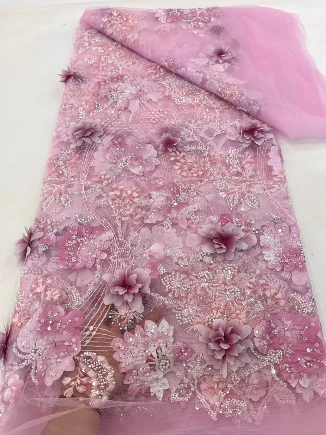 

2024 Latest High Quality Pink African Nigerian 3D Applique Lace With Pearl Fabric Wedding Groom Embroidery French Lace Fabrics