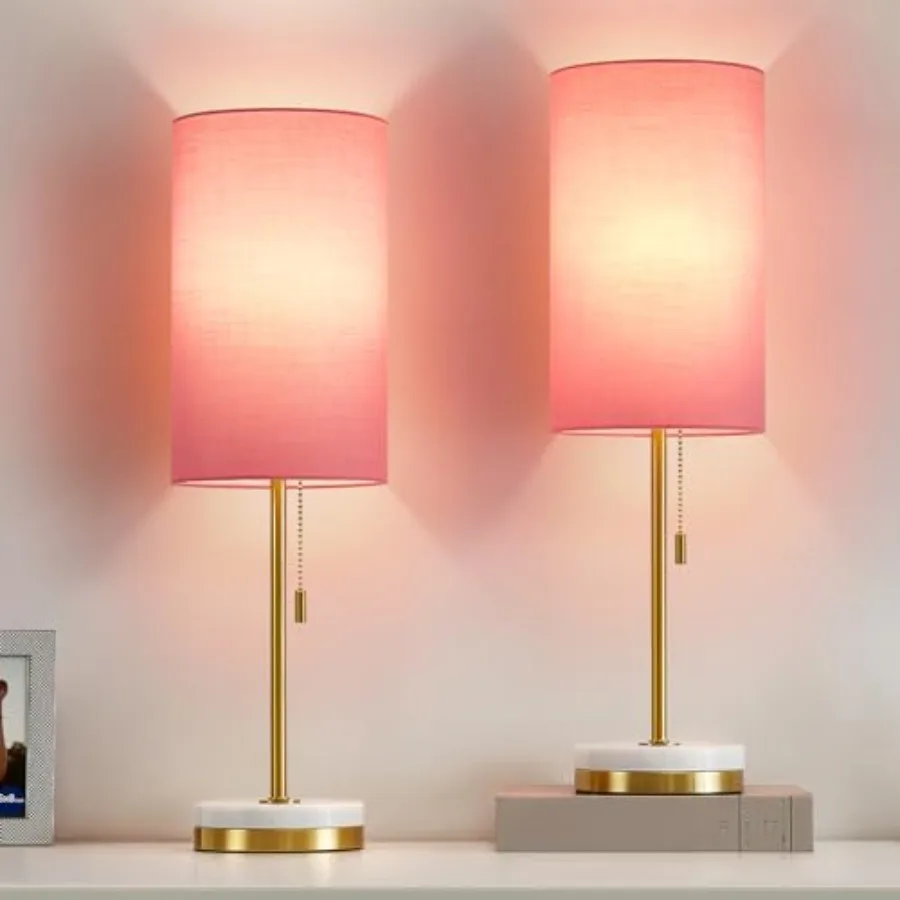 Minimalist Table Lamp Set of 2, Nightstand Lamp for Bedroom Living Room, Modern Pull Chain Bedside Lamp with Marble Base, Fabri