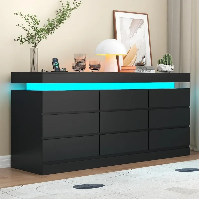 Gyfimoie 9 Drawer Dresser with Power Outlet, Dresser with LED Light, Modern Chest of Drawers for Closet, Double Wide Drawer