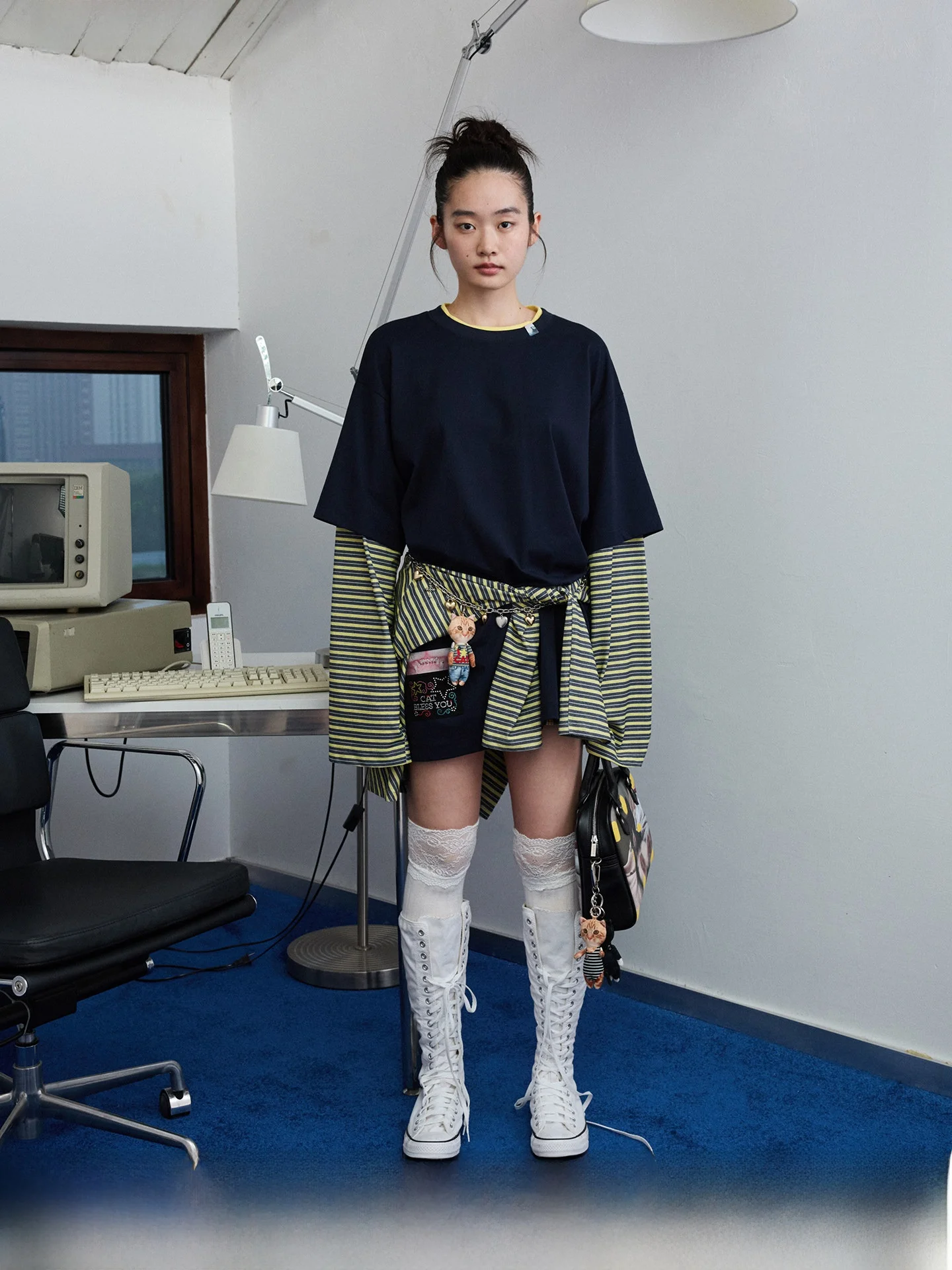 

JINN STUDIO Oversize Striped Long Sve T-irt Women's Loose Fit Color Blo Cotton Polyester Blend Moisture ng