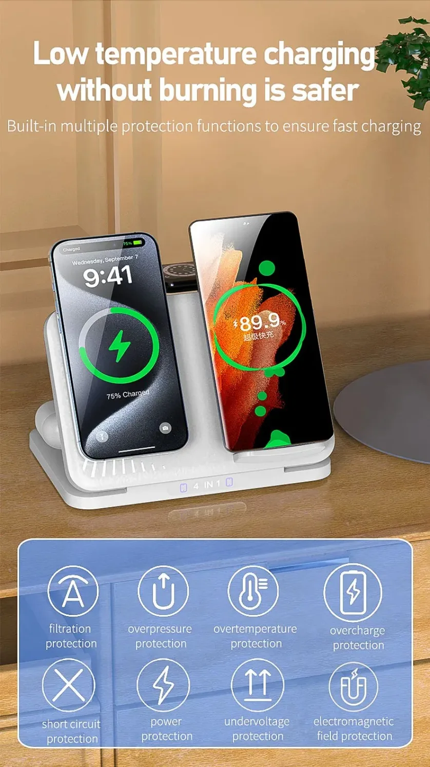 4-in-1 Dual-Handy-Ladestation für iPhone 17~12, Samsung S25, Xiaomi, Airpods Pro, Apple Watch 11~2, Magnetisches Schnellladen – Detail 9