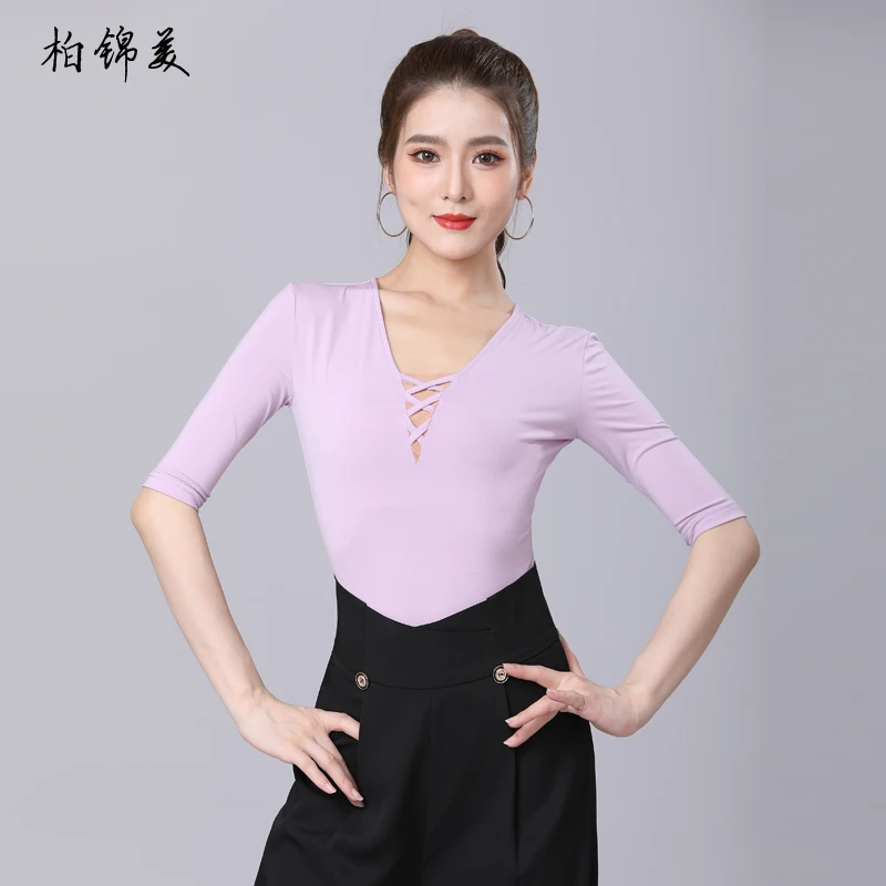 Latin dance Top Female Adult Medium Sleeve New V-neck modern dance Performance Costume National Standard Dance Practice Costume