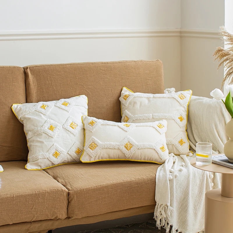 

Yellow Ivory Cushion Cover Tufted Diamond Home Decoration Living Room Bedroom Sofa Couch Square 45x45cm 30x50cm Pillow Cover