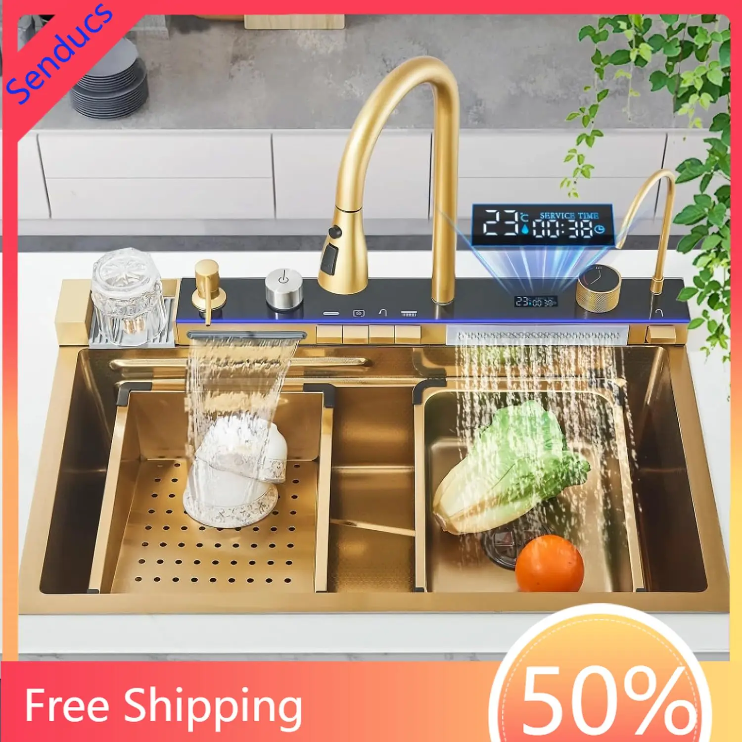 

Feiyu Stainless Steel Single Bowl Kitchen Sink Waterfall Digital Kitchen Sink Faucet Hot Cold Pull Out Mixer Tap Kitchen Sinks