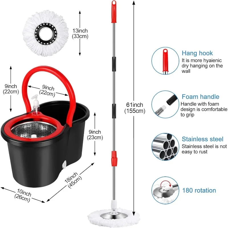 Spin Mop and Bucket with Wringer Set 360° Spinning with 3 Microfiber Replacement Heads and 61