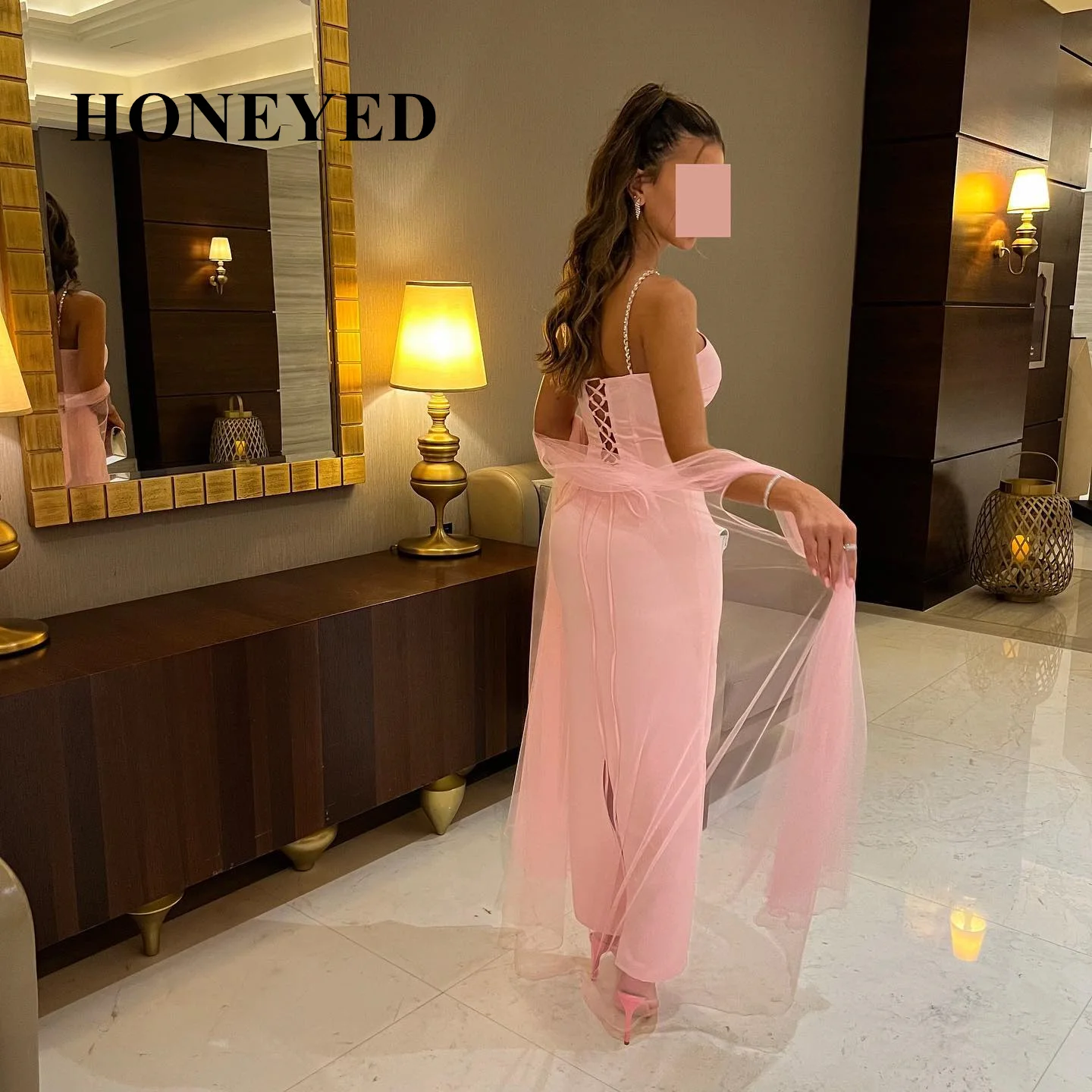 HONEYED Laxsesu 2023 Evening Dresses Pink Long Slit Sleeves Halter Neck Formal Gowns Mint Green Chiffon A-Line Prom Party Dress