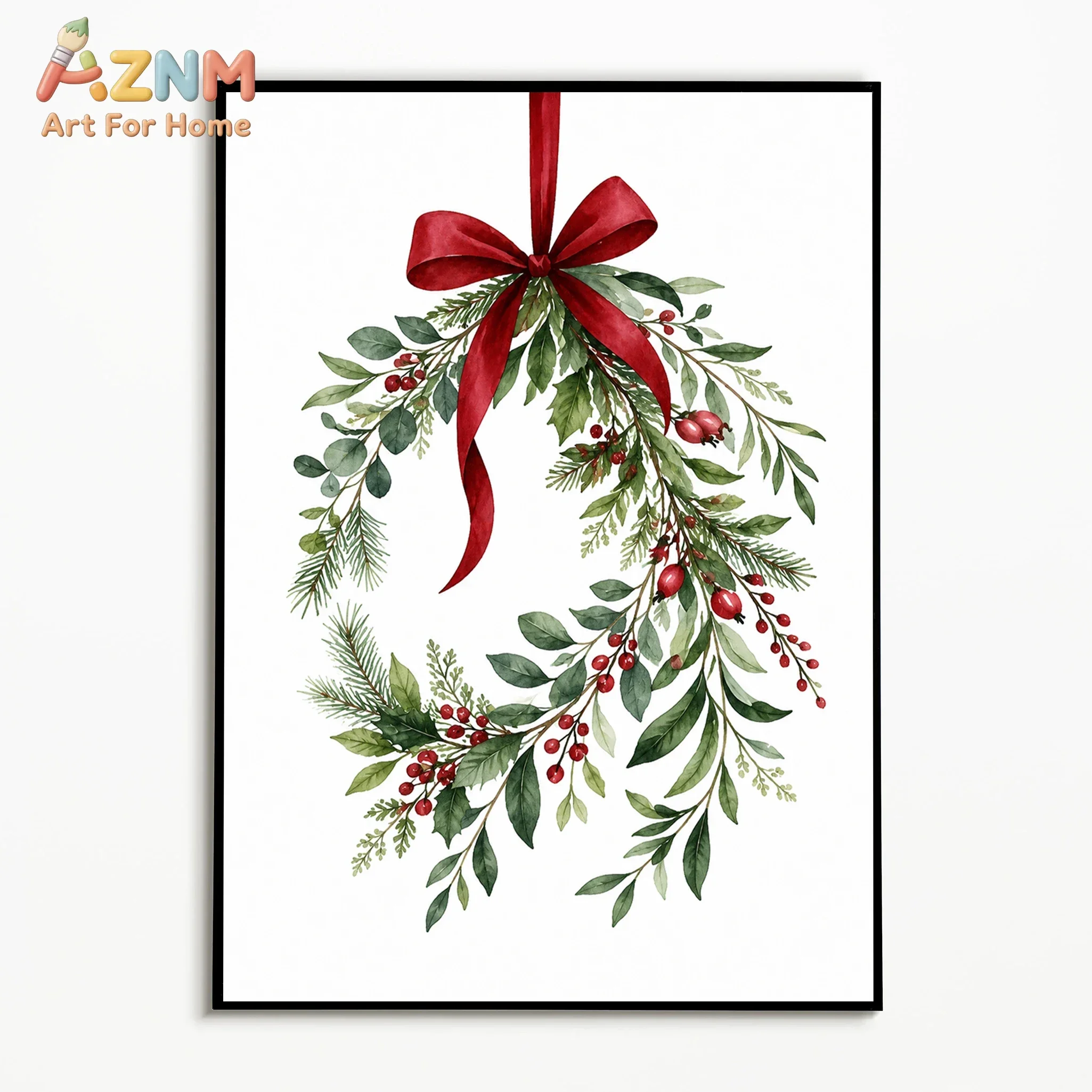 AZNM Merry Christmas Green Foliage Red Bow Bell Canvas Wall Art Winter Holiday Watercolor Botanical Print Painting for Xmas Home