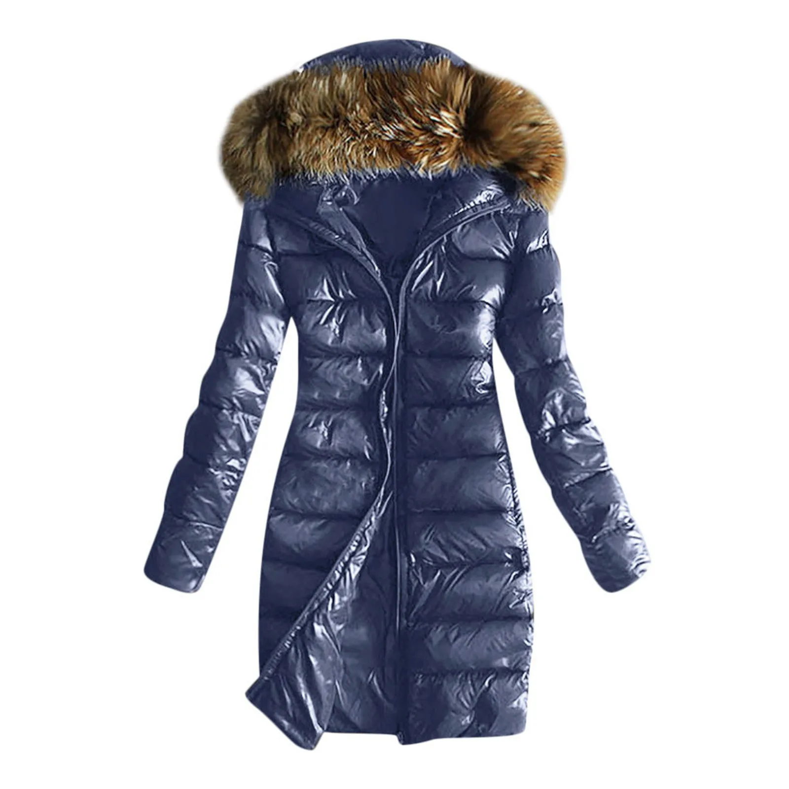 Winter Female Long Padded Faux Fur Collar with Non Removable Hooded Warm Paddeds New Fashion Women Zipper Thicken warm Coat