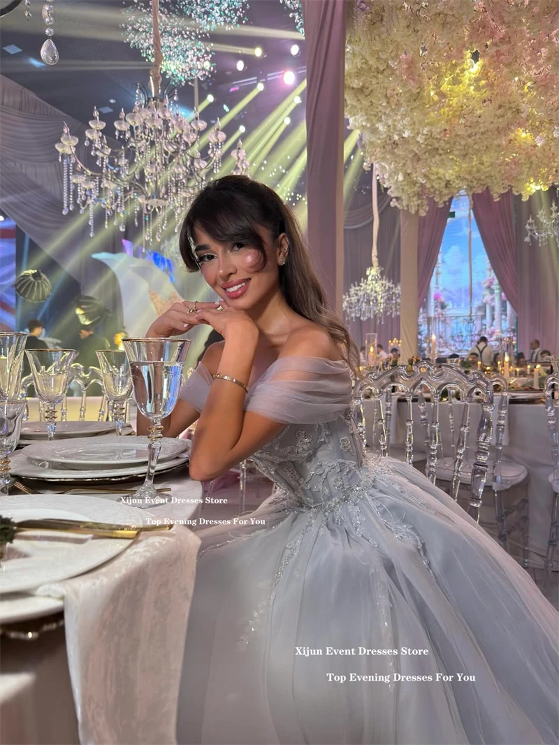 Xijun Blue Princess Long Evening Dresses Tulle Beads Appliqués Off The Shoulder Prom Dresses A-Line Corset Prom Gowns Customized