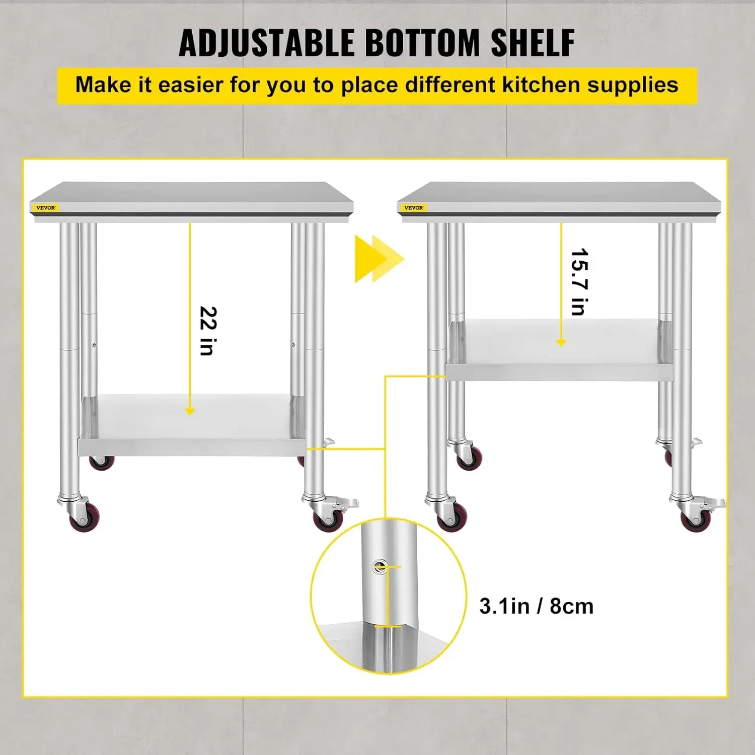 Stainless Steel Work Table with Wheels 24 x 30 x 32 Inch Prep Table with 4 Casters Heavy Duty Work Table for Commercial Kitchen