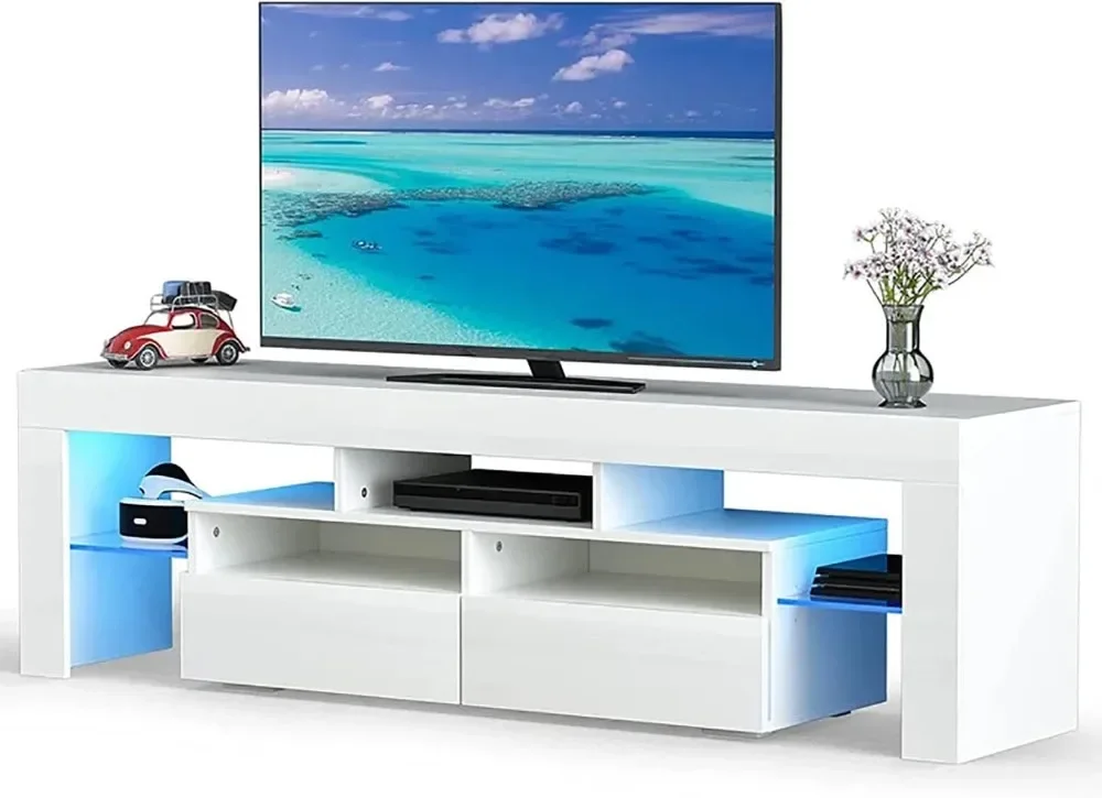 White LED TV Stand for 50/55/60/65/70 TV, High Gloss Gaming Entertainment Center with Drawers and Open Shelves, TV Console Table