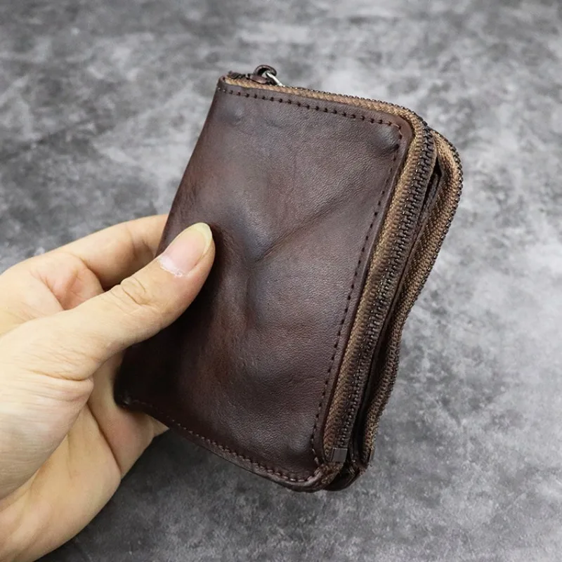 Multi-Color Vintage Vegetable Tanned Leather Short Wallet with Zip Coin Pouch Handmade Distressed Wrinkle Texture Compact Wallet