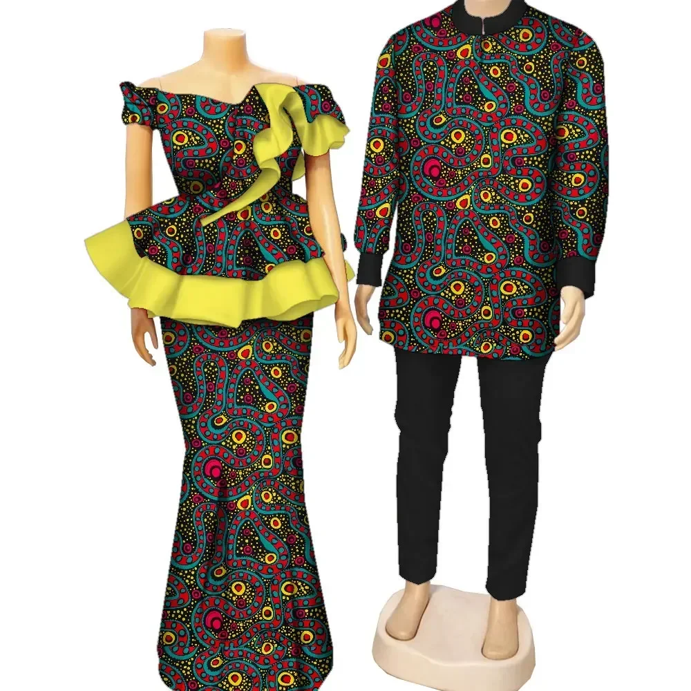 Fashion African Print Clothing for Couple Lovers Men's Dashiki Shirt and Women Skirts Set Couple Clothes for Wedding WYQ985