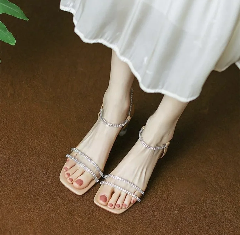 Korean Version of Crystal High-heeled Shoes  Summer New One-word Square Head Thick with Rhinestone Sandals Female.