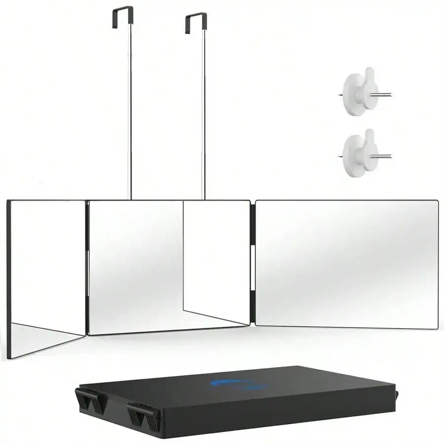 360 °   Specchio pieghevole a 3 vie - Vetro HD antiappannamento, gancio retrattile, portatile per taglio di capelli/rasciare/colorare/trucco