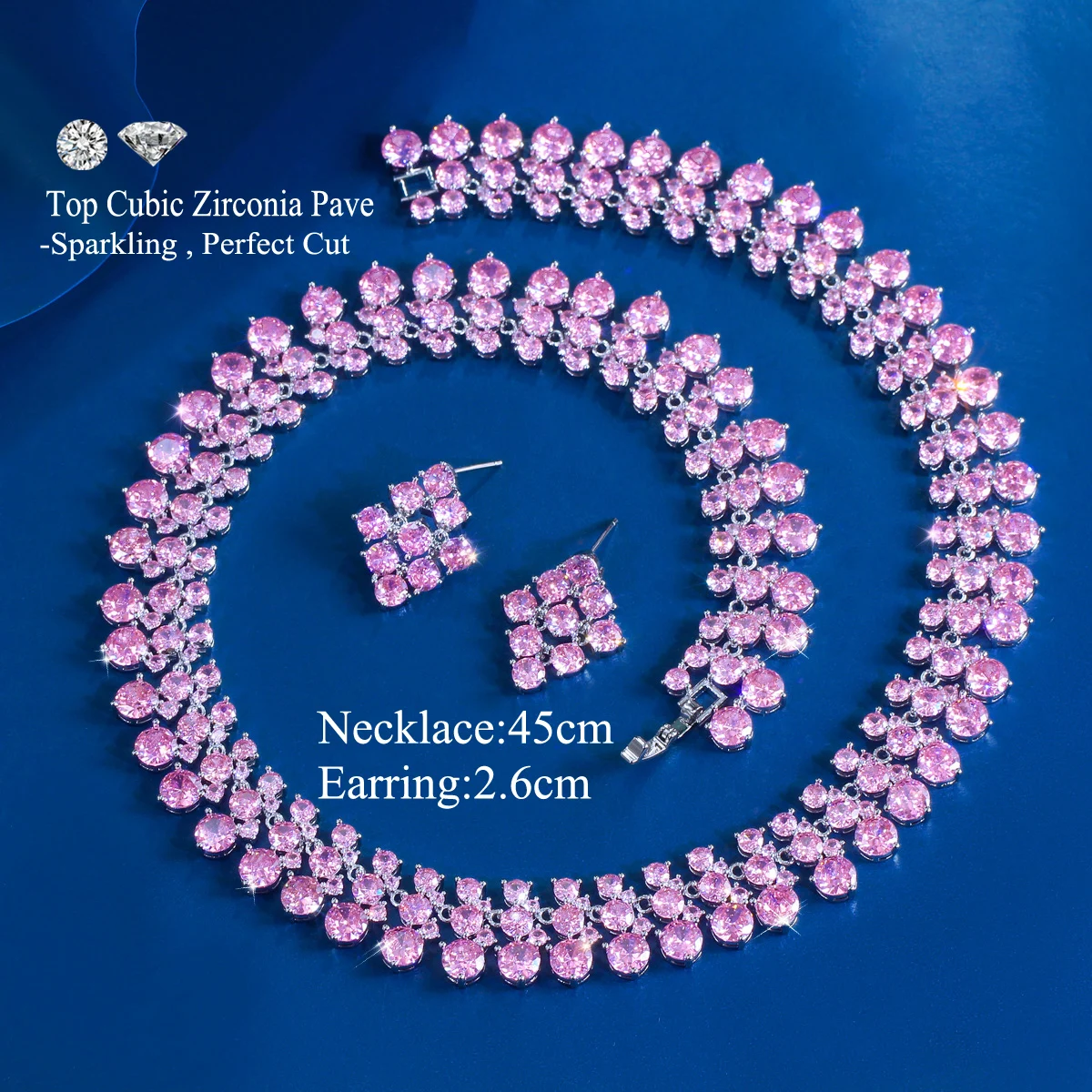 BeaQueen Charming Pink Round Cubic Zirconia Choker Necklace Earrings Set for Women Wedding Party Dress Jewelry Accessories T1004