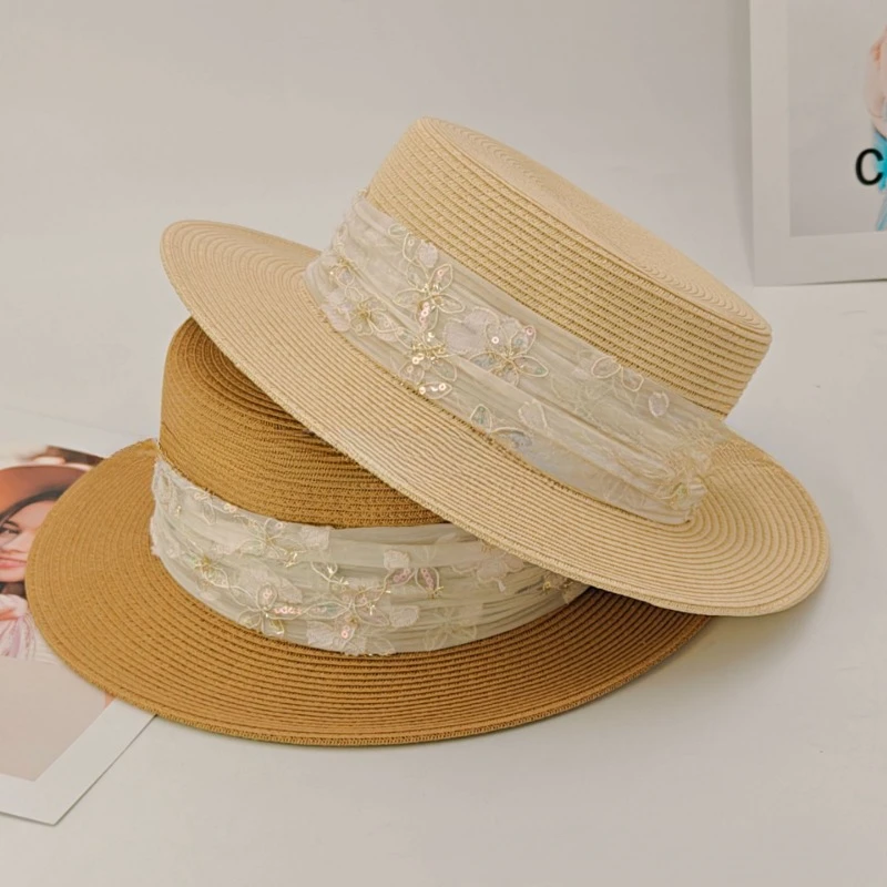 Topi Jerami Wanita Musim Panas Perjalanan Tabir Surya Kerai Gaya Nasional Topi Pinggiran Datar Pantai Tepi Laut Cina Baru