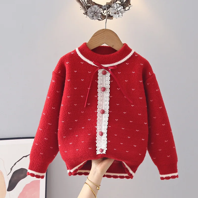 Bow Lace Ruffles Knitted Sweaters Girl Long Sleeve Button Heart-shape Crochet Pullover Kids Knitwear Knitting Twist Tops IY12232