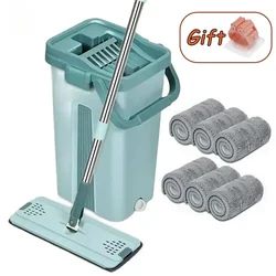 Flat Squeeze Mop with Bucket Hand Free Wringing Floor Cleaning Mop Microfiber Mop Pads Wet or Dry Usage on Hardwood Laminate