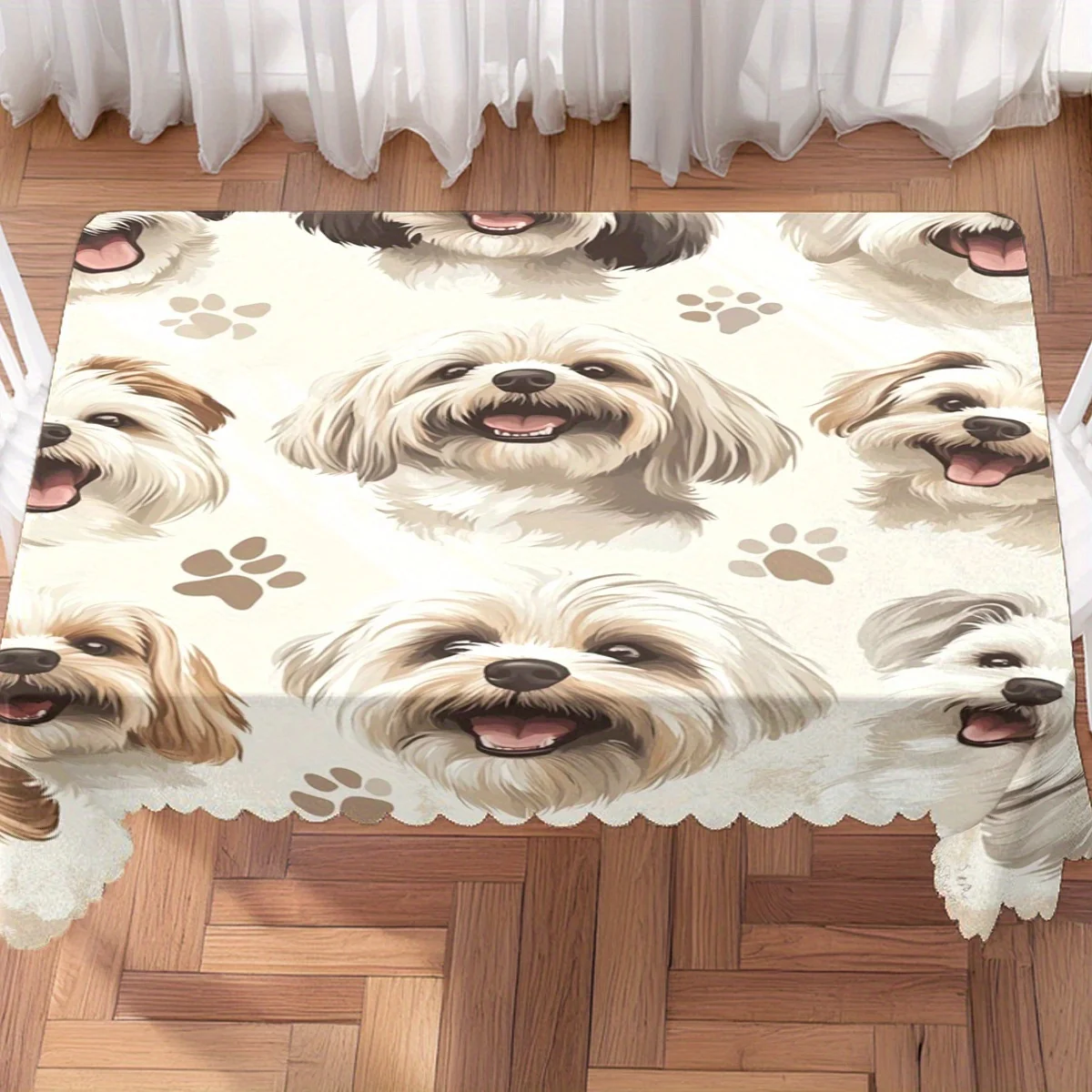 Cute Smiling Maltese Dog Paw Print Waterproof Tablecloth, Rectangular Table Cover for Home Dining Pet Theme Party Decor