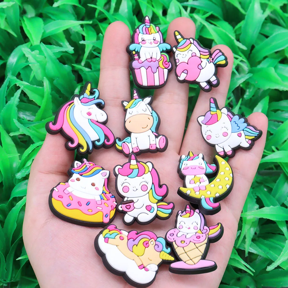 1-10Pcs PVC Sandals Shoe Charms Beautiful Rainbow Unicorn Donut Cloud Star Moon Shoes Buckles Fit Backpack Wristbands Kids Gift