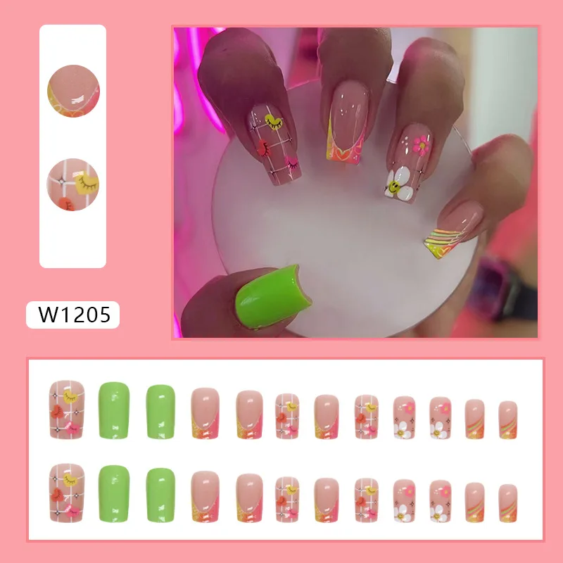 

24Pcs Long Ballerina Press on Nails - Rainbow Summer Design with Green Checkerboard & Floral Patterns | Color Block Style