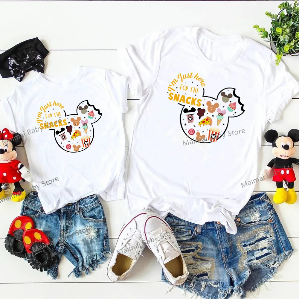 I\'m Just Here For The Snacks Print Funny Family Matching Outfits Cute Mickey Mouse Shirt Father Mother and Kids Disney Tees Tops