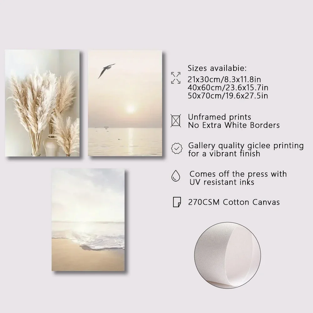 3pcs frameless Canvas Painting 3pcs Canvas Prints Poster Modern Art Beautiful Seaside Scenery Sunset Posters  Ideal Gift for Liv