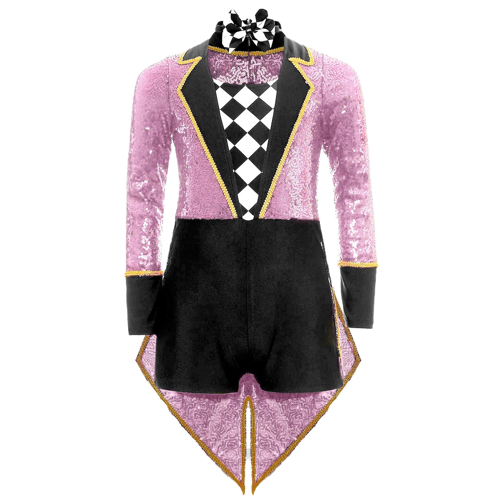 Kids Circus Ringmaster Magician Cosplay Costume Sequins Long Sleeve Bow Tie Tailcoat Bodysuit for Halloween Party Performance