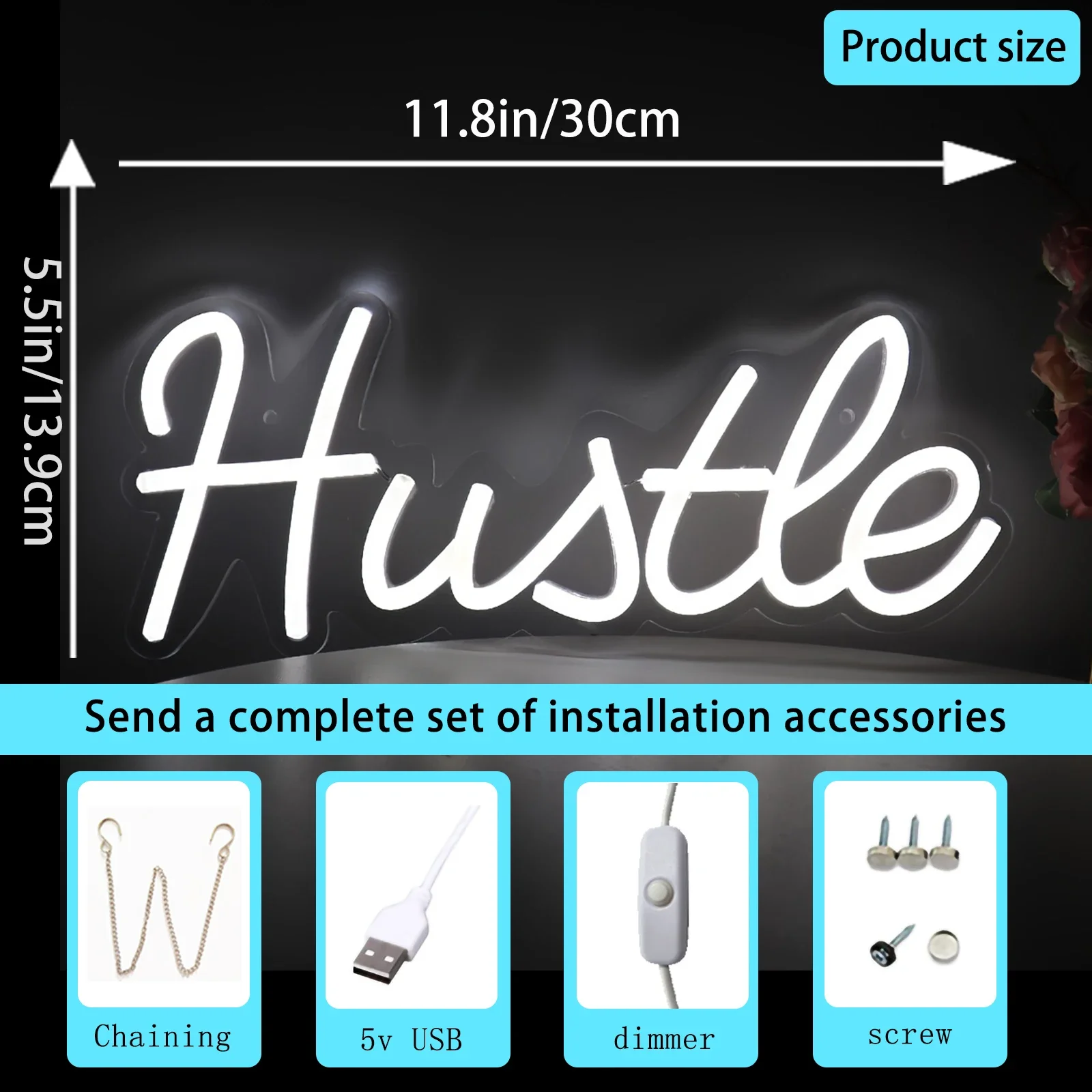 Hustle LED Neon Sign Wall Hanging, USB Powered, Switch Control, Use for Room, Party, Pub, Club, Shop, Office, Neon Light Decor