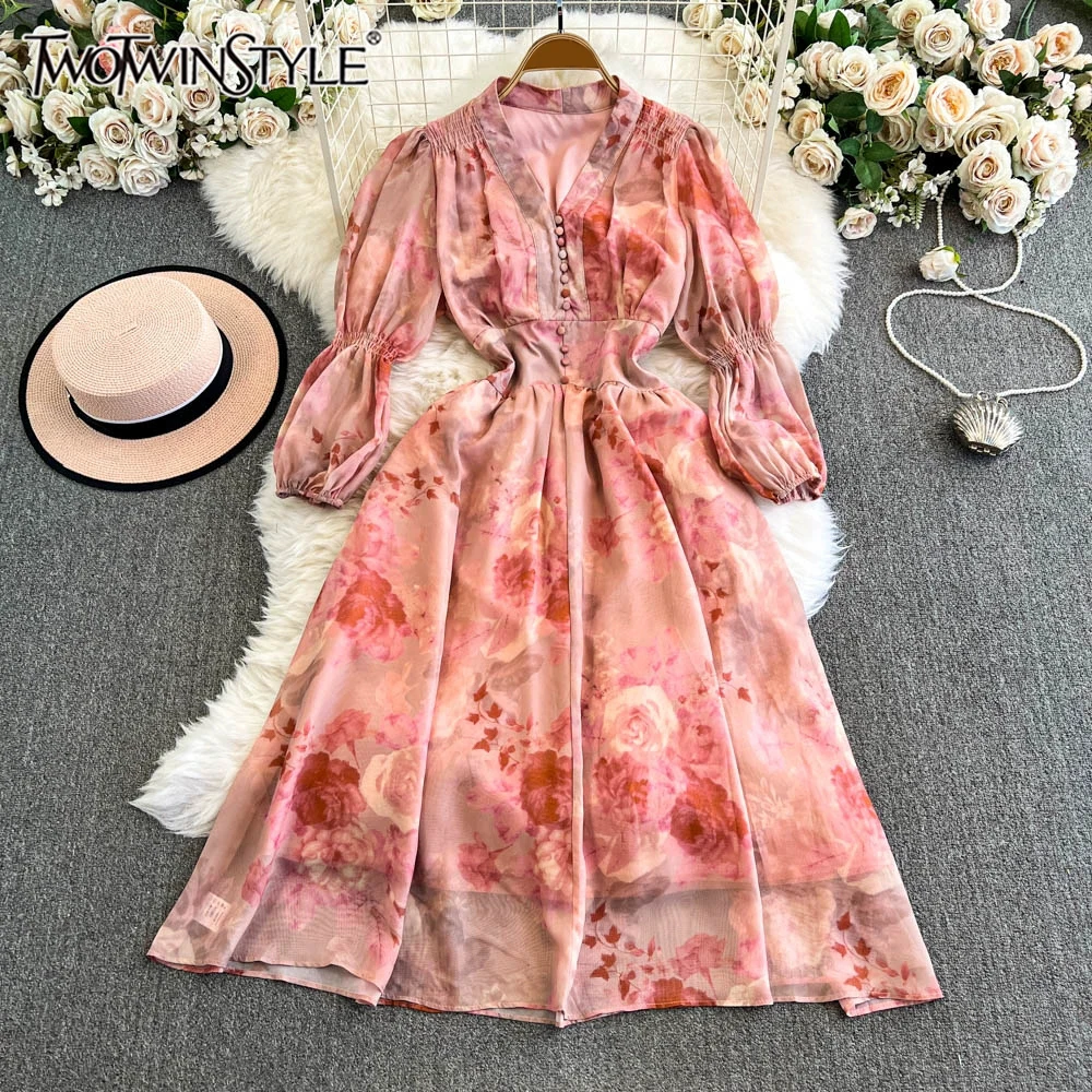 

TWOTWINSTYLE Floral Printted Elegant Dresses For Women V Neck Long Sleeve Patchwork Button Fashion Dresses Female New KDR518265