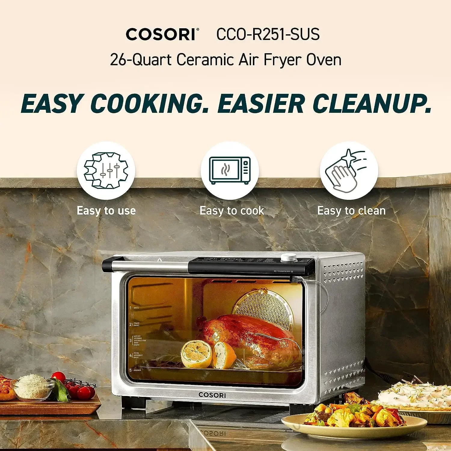 13-in-1 26-Quart Ceramic Air Fryer Toaster Oven Combo, Flat-Sealed Heating Elements for Easy Cleanup, Innovative Burner