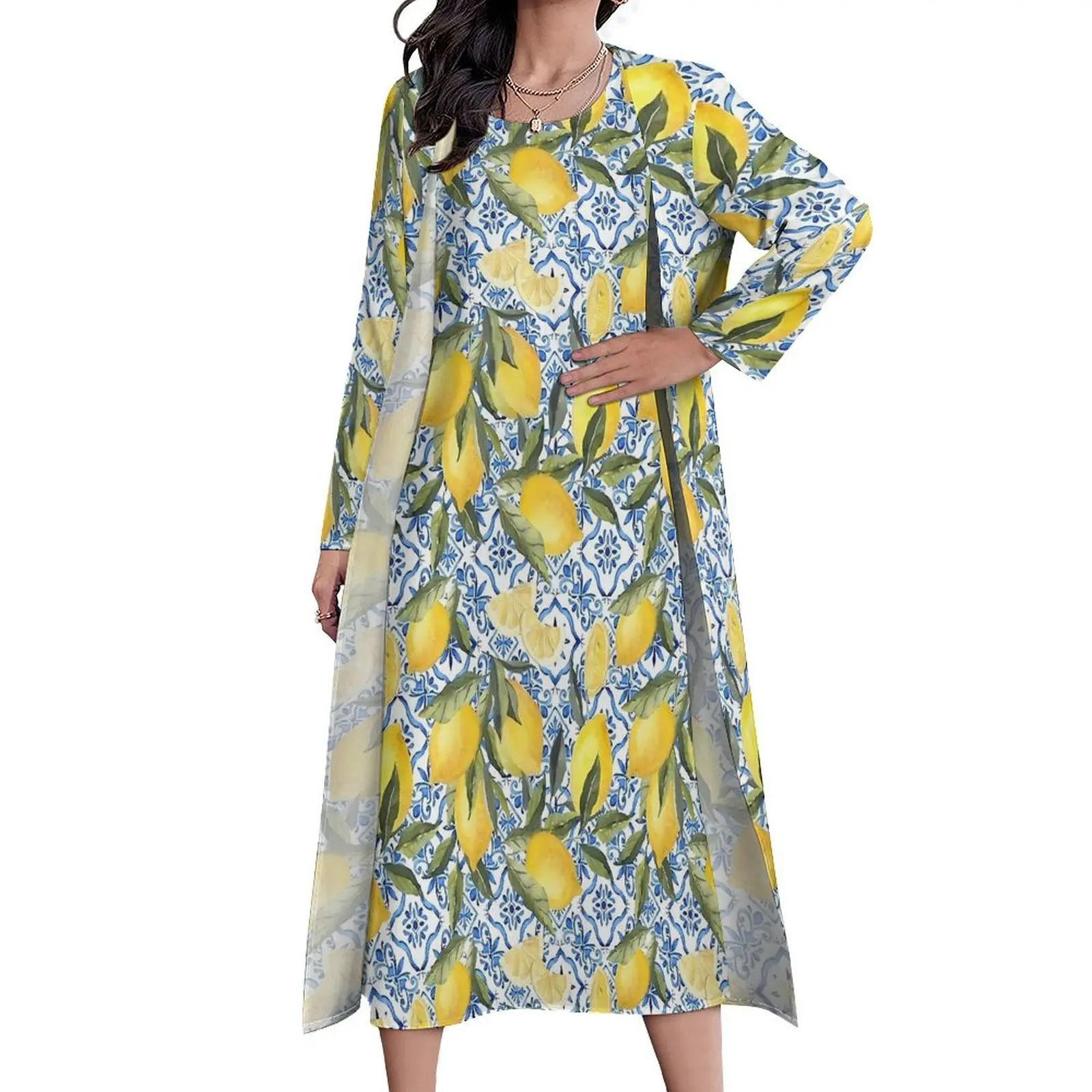 Vintage Lemon Dress Blue and White Tiles Vintage Maxi Dress Two-Piece Graphic Boho Beach Long Dresses Fashion Oversize Vestido