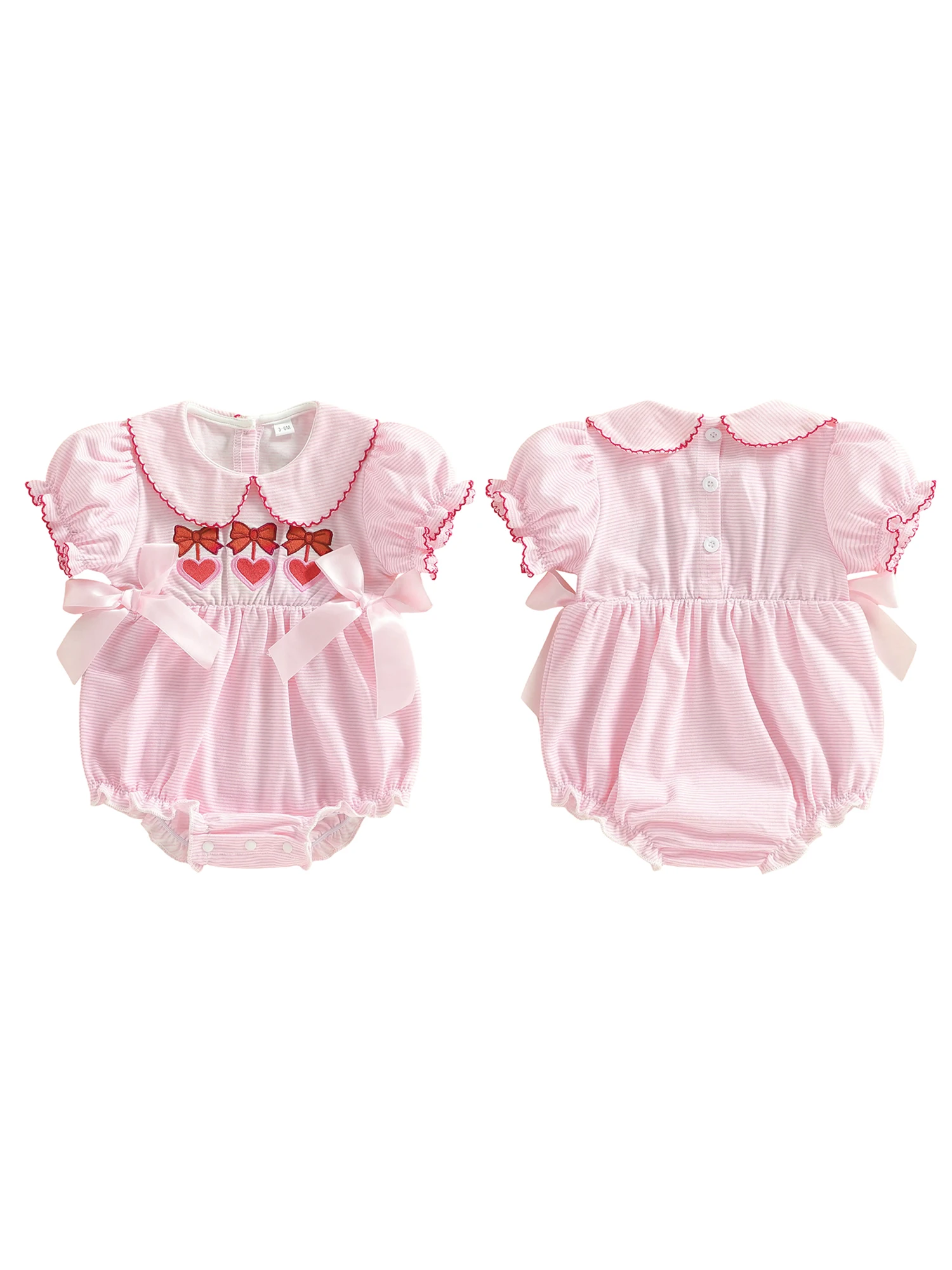 

Очаровательный полосатый комбинезон для маленьких девочек с вышивкой в виде сердечка и кукольным воротником. Милый детский комбинезон с короткими рукавами.