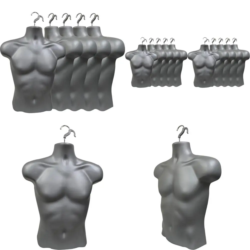

Gray Male Mannequin Set, 5-Pack, Half-Rounded Waist, S-M Sizes, Injection Molded, Hanging Hook Only, Dress Form for Display