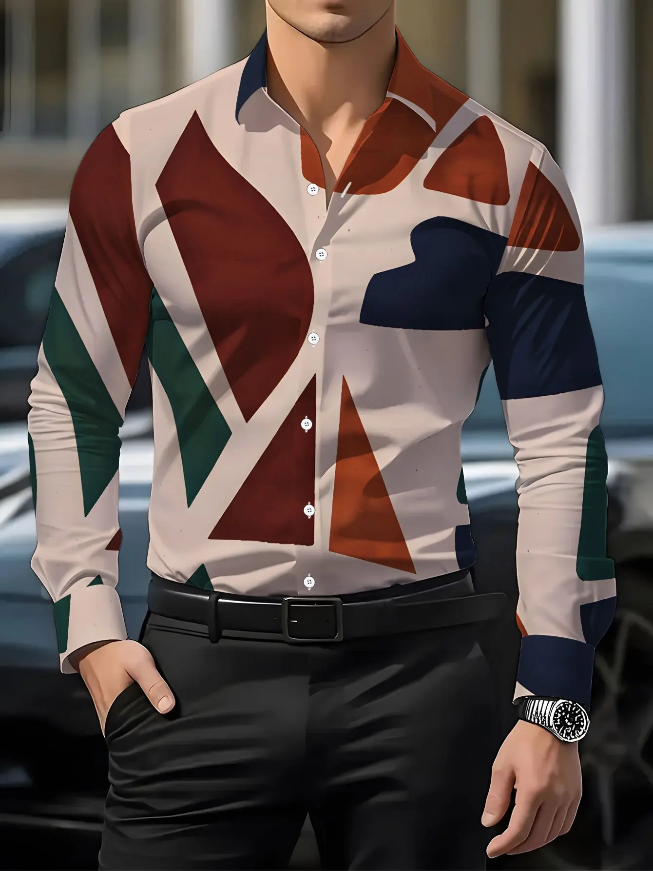 2026 Men Long Sleeve Shirt Geometric Square Check Print Turn Down Collar Fashion Daily Top Men's Clothing
