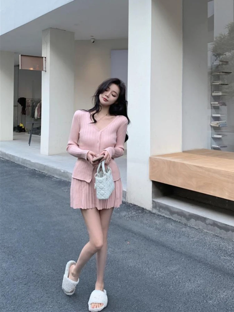 2023 Autumn Elegant Knitted Suit Ladies Casual Slim Blouse + Office Lady Sweet Mini Skirt Preppy Korean 2 Piece Set Women Outfit