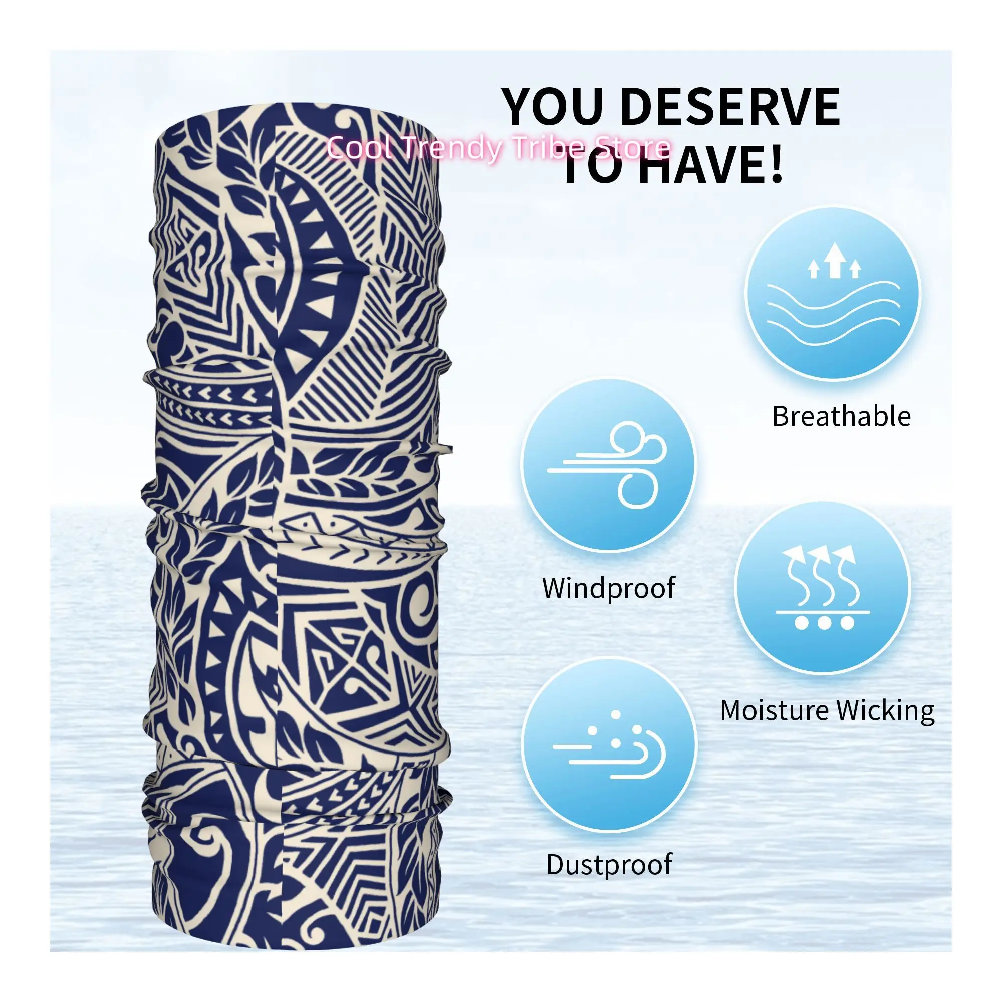 Bold Polynesian Tribal Pattern with Geometric Swirls in Navy Blue And Cream Novelty Head Scarf Bandana for Women Boho Floral Hai