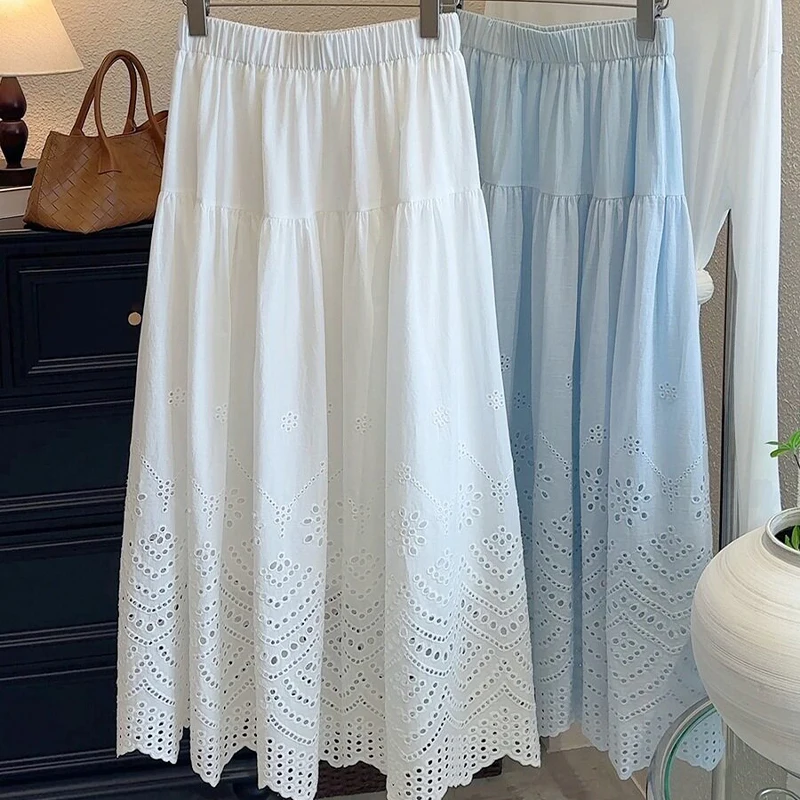 Mori Girl Hollow Out Skirts Japan Style Elastic Waist Openwork Lace Crochet Skirts Women Spring Summer A-Line Midi Skirt